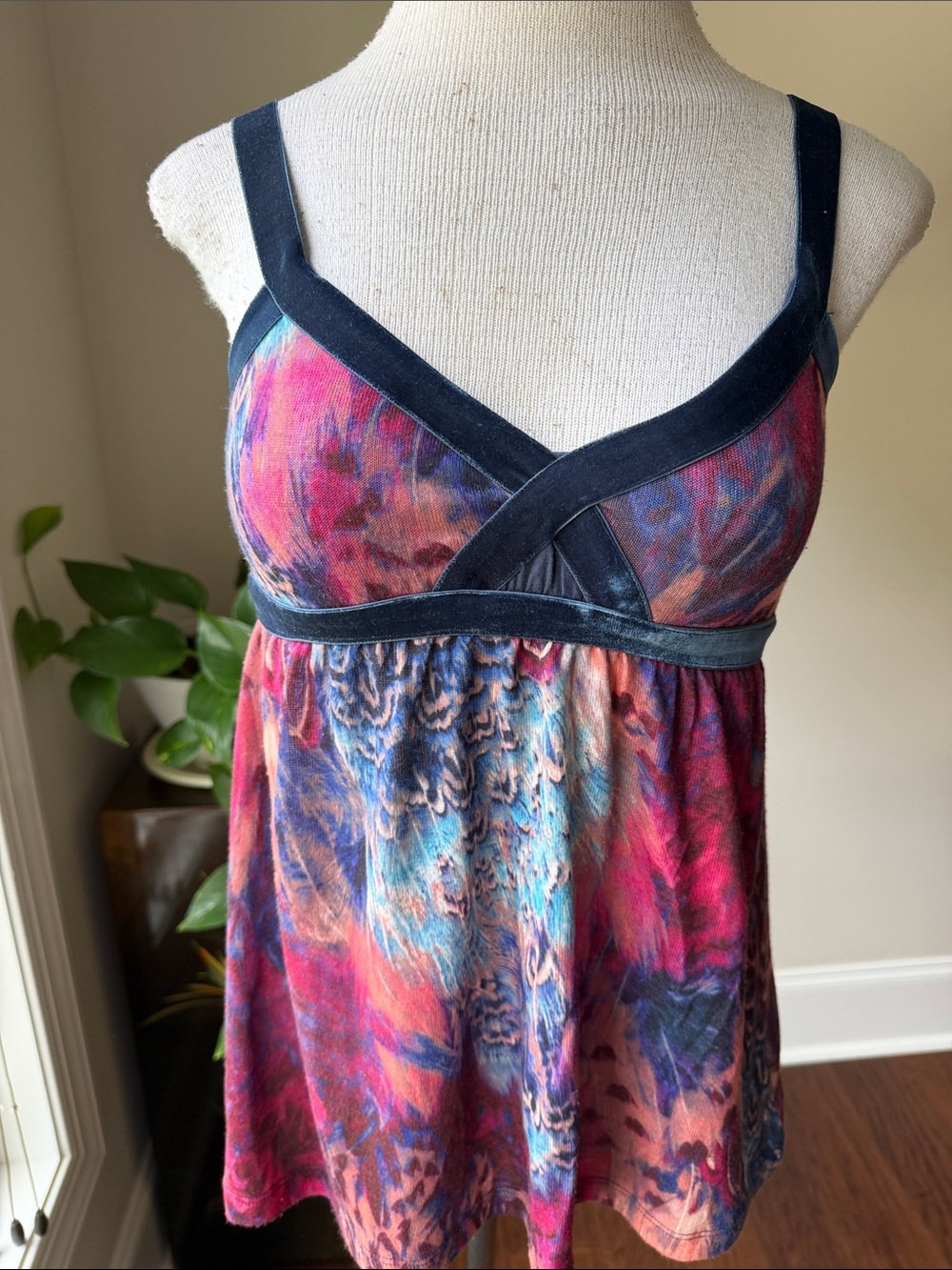 Wendy Glez Multicolor Floral Tie-Dye Empire Cami with Navy Trim